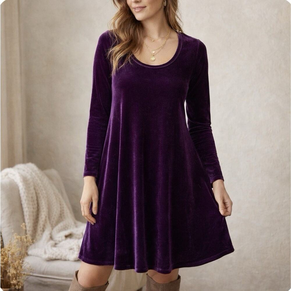 Soft Surroundings Purple Velvet Swing Dress Small Long Slv A-line Soft Stretch